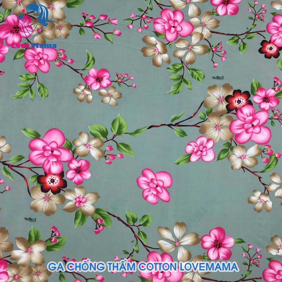 Drap chống thấm hình hoa đào vải nền xám vải thun Lụa 