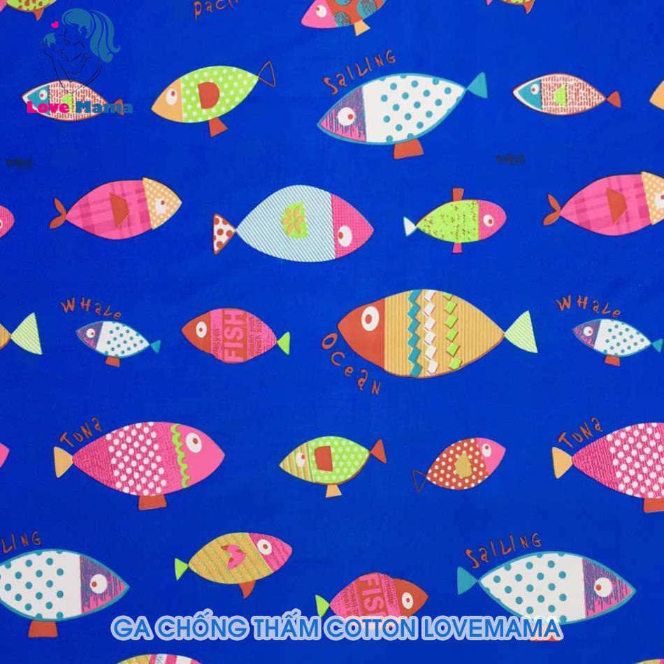 Drap chống thấm màu xanh vân hình cá vải thun Lụa ga 1m6 cao cấp